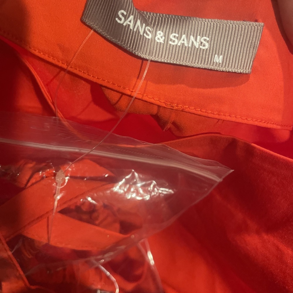Sans & Sans Belted Midi Dress Womens Medium Slit Scrunch Sleeve Pockets Red NWOT - Picture 4 of 5